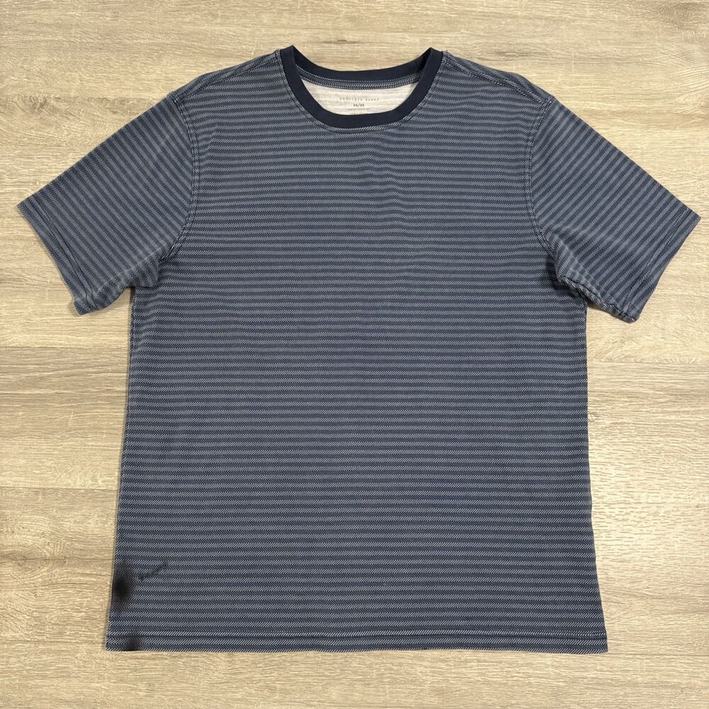 Geoffrey Beene Shirt Men’s Medium Blue Cotton Herringbone Short Sleeve Crew Neck